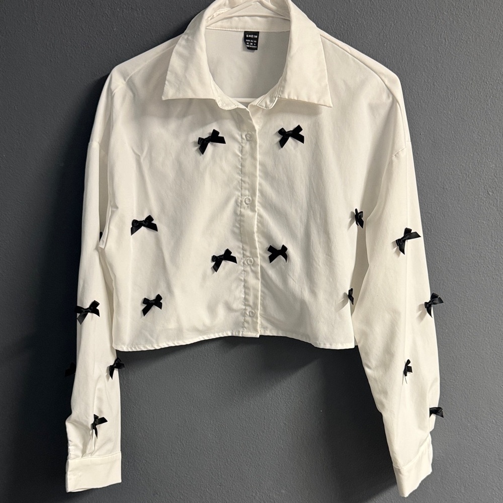 SHEIN White Button Down with Black Bow Accents